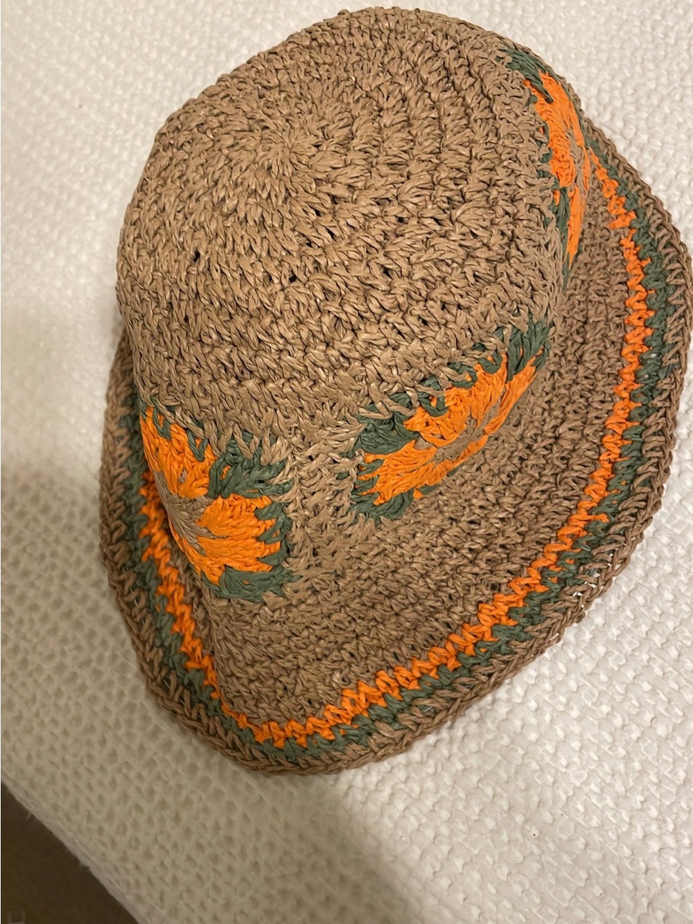 Handmade Brown Crochet Sun Hat with Orange Floral Accents